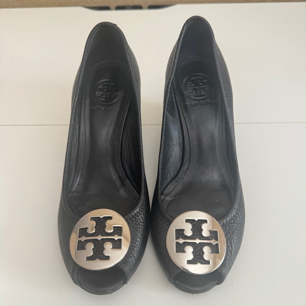Tory Burch Black Leather Wedge Pumps with Gold Logo Medallions
